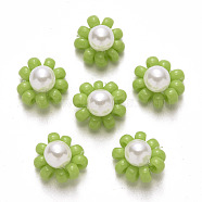 Glass Seed Beads Charms, with ABS Plastic Imitation Pearl and Golden Tone Brass Findings, Flower, Light Green, 10x5mm(FIND-R086-05E)
