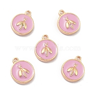 Alloy Enamel Charms, Light Gold, Flat Round with Bee, Pearl Pink, 14~14.5x11.5x3.5mm, Hole: 1.6mm(ENAM-G205-01KCG-01)