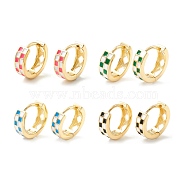 Tartan Pattern Enamel Chunky Hinged Huggie Hoop Earrings for Women, Real 18K Gold Plated Brass Jewelry, Cadmium Free & Nickel Free & Lead Free, Mixed Color, 13x4mm, Pin: 1mm(EJEW-P196-22G)