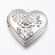 Brass Locket Pendants, Heart with Rose, Silver Color Plated, 29x29x7.5mm, Hole: 2mm(X-KK-N0116-009S)