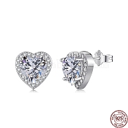 Rhodium Plated 925 Sterling Silver Micro Pave Cubic Zirconia Ear Studs for Women, with S925 Stamp, Heart, Real Platinum Plated, 11x11mm(EJEW-P231-62P)
