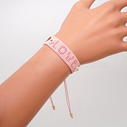 Miyuki Seed Braided Bead Bracelet, Word Love Heart Friendship Bracelet for Women, Pink, 11 inch(28cm)(BJEW-Z013-01)