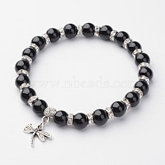 Natural Black Agate Charm Bracelets, Stretch Bracelets, with Alloy Dragonfly Pendants, Antique Silver, 2-1/4 inch(57mm)(BJEW-G527-A02)