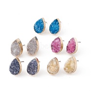 Teardrop Natural Druzy Agate Stud Earrings, with Golden Plated Brass Findings, Mixed Color, 17x10x6mm, Pin: 0.8mm(EJEW-L168-07)