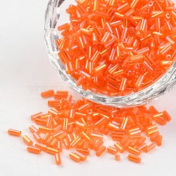 Tube Transparent Colours Rainbow Plated Glass Bugle Beads, Orange Red, 3~5x1.8~2mm, Hole: 0.8mm, about 1200pcs/50g(X-SEED-I001-169B)