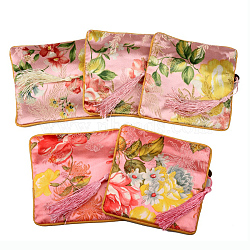 Retro Square Cloth Zipper Pouches, with Tassel and  Flower Pattern, Pink, 12.2x12.2cm(CON-PW0001-095C)