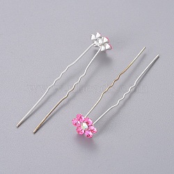 (Defective Closeout Sale)Bridal Party Wedding Decorative Hair Accessories, Silver Color Plated Iron Hair Forks, with Rhinestone Flower, Light Rose, 68mm(PHAR-XCP0004-02S-01)