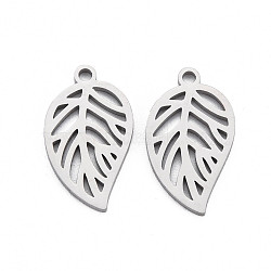 Non-Tarnish 304 Stainless Steel Pendants, Laser Cut, Leaf, Stainless Steel Color, 20x11x1mm, Hole: 1.6mm(STAS-N095-057)