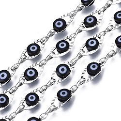 304 Stainless Steel Textured Oval Cable Chains, with Enamel Evil Eye Beads, with Spool, Unwelded, Stainless Steel Color, Black, 11x5.5x3mm, 7.5x3x1mm, about 32.81 Feet(10m)/Roll(CHS-T003-33P-05)