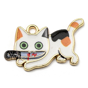 Printed Alloy Pendants, with Enamel, Golden, Cadmium Free & Nickel Free & Lead Free, Cat with Knife Shape Charms, Colorful, 17x29x1.5mm, Hole: 2mm