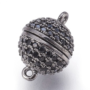 Brass Micro Pave Cubic Zirconia Magnetic Clasps with Loops, Round, Black, Gunmetal, 14x10mm, Hole: 1mm