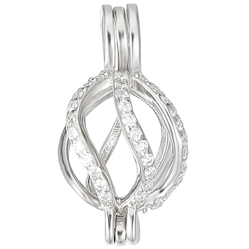 1Pc Rhodium Plated 925 Sterling Silver Empty Bead Cage Pendants, with Cubic Zirconia, Platinum, Oval, 19.5x9.5x10.5mm, Hole: 4x2.5mm