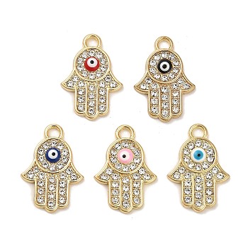 Golden Plated Alloy Enamel Pendants, with Rhinestone, Long-Lasting Plated, Hamsa Hand with Evil Eye Charm, Mixed Color, 20.5x14.5x2.5mm, Hole: 2.5mm