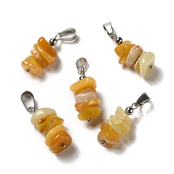 Natural Yellow Jade Chip Pendants, Lucky Charms with Stainless Steel Color Plated Stainless Steel Snap on Bails, 24~27x11~14x7~10mm, Hole: 7x4mm
