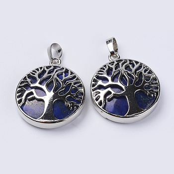 Natural Lapis Lazuli Pendants, with Platinum Plated Brass Findings, Flat Round with Tree of Life, 31x27x8mm, Hole: 3.5x7mm