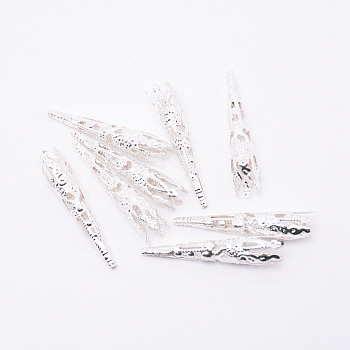 Iron Filigree Bead Caps, Cone, Silver, 41.5x7.5mm, Hole: 1.2mm, Inner Size: 7.5mm, 27pcs/bag