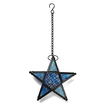 Pentagonal Star Embossed Glass Candle Holder, Candle Storage Container Pub Decoration, Dodger Blue, 45.6cm