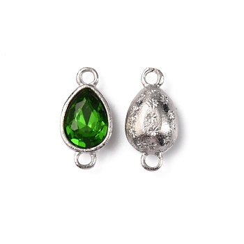 Alloy Glass Links, Connector Charms, Platinum, Teardrop, Emerald, 18x9x4.5mm, Hole: 2mm