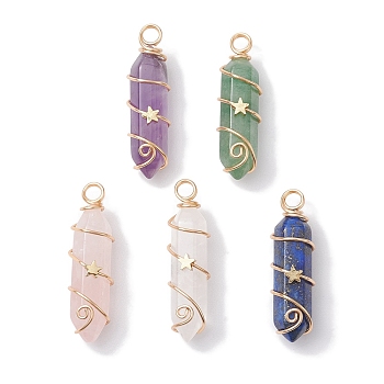 Natural Mixed Stone Double Terminal Pointed Pendants, Faceted Bullet Charms with Star Copper Wire Wrapped, Light Gold, 36~37x10~10.5x11mm, Hole: 3.5mm