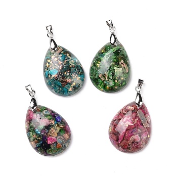 Transparent Resin Natural Imperial Jasper Dyed Chips Pendants, with Platinum Tone Brass Findings, Teardrop Charm, Mixed Color, 28x21x7mm, Hole: 5x4mm