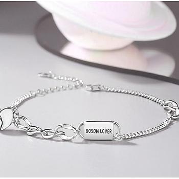 Rhodium Plated 925 Sterling Silver Word Love Link Bracelet with Heart Charms for Lovers, Platinum, 6-7/8 inch(17.5cm)