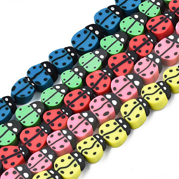 Handmade Polymer Clay Bead Strands, Ladybug, Mixed Color, 8~12x7.5~10x4~5mm, Hole: 1.5~2mm, about 38~40pcs/strand, 14.17 inch~15.35 inch(36~39cm)