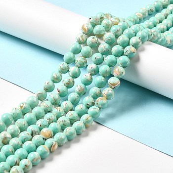 Synthetic Turquoise and Sea Shell Assembled Beads Strands, Dyed, Round, Aquamarine, 6mm, Hole: 1.2mm, about 65pcs/strand, 15.75''(40cm)
