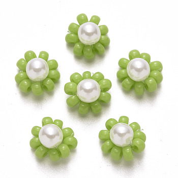 Glass Seed Beads Charms, with ABS Plastic Imitation Pearl and Golden Tone Brass Findings, Flower, Light Green, 10x5mm