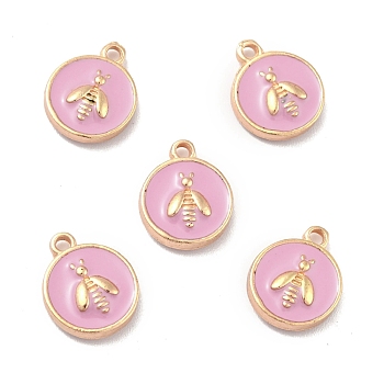 Alloy Enamel Charms, Light Gold, Flat Round with Bee, Pearl Pink, 14~14.5x11.5x3.5mm, Hole: 1.6mm