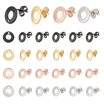 Elite 40Pcs 4 Colors Flat Round 304 Stainless Steel Stud Earring Findings, with Loop & Earring Backs, Mixed Color, 10x1mm, Hole: 1.5mm, Pin: 0.8mm, 10pcs/color