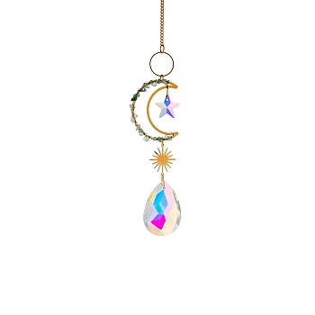 Glass Teardrop/Star Prisms Suncatchers Hanging Ornaments, with Stainless Steel Moon and Gemstone Beads, for Home, Garden Decoration, Sun Pattern, No Size