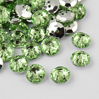 2-Hole Taiwan Acrylic Rhinestone Flat Round Buttons, Faceted & Silver Plated Pointed Back, Light Green, 24x8.5mm, Hole: 1mm