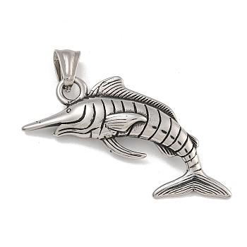 304 Stainless Steel Big Pendants, Tuna Charm, Antique Silver, 53x30x8.5mm, Hole: 9x5mm