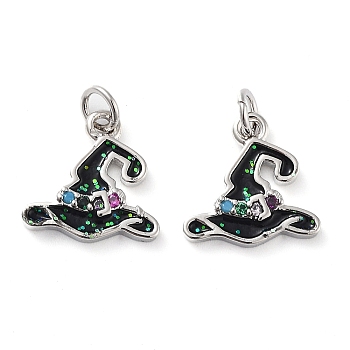 Rack Plating Brass Micro Pave Colorful Grade AAA Cubic Zirconia Pendants, with Enamel and Jump Ring, Long-Lasting Plated, Cadmium Free & Lead Free, Witch Hat Charms, Platinum, 11x11.5x2.5mm, Hole: 2mm