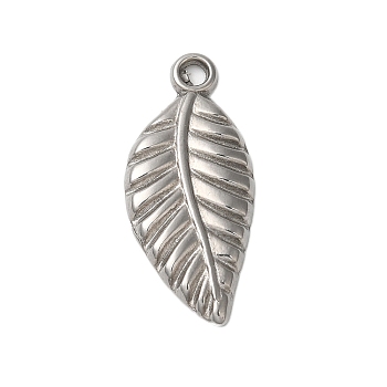 Non-Tarnish 304 Stainless Steel Pendants, Leaf Charm, Stainless Steel Color, 24x10.5x2mm, Hole: 1.8mm