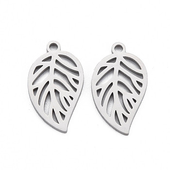 304 Stainless Steel Pendants, Laser Cut, Leaf, Stainless Steel Color, 20x11x1mm, Hole: 1.6mm