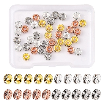 40Pcs 4 Colors Brass with Crystal Rhinestone Spacer Beads, Cadmium Free & Lead Free, Flat Round, Mixed Color, 6x2.5mm, Hole: 1.6mm, 10pcs/color