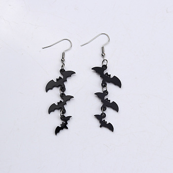 Halloween Bat Acrylic Dangle Earrings, with Steel Pins, Platinum, 70x20mm