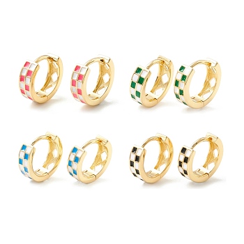 Tartan Pattern Enamel Chunky Hinged Huggie Hoop Earrings for Women, Real 18K Gold Plated Brass Jewelry, Cadmium Free & Nickel Free & Lead Free, Mixed Color, 13x4mm, Pin: 1mm