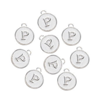 Alloy Pendant Cabochon Settings, For Enamel, Cadmium Free & Lead Free, Flat Round with Letter, Platinum, Letter.P, 14x12x2mm, Hole: 1.5mm