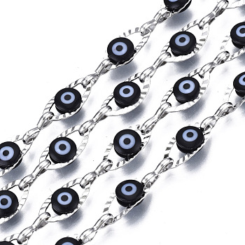 304 Stainless Steel Textured Oval Cable Chains, with Enamel Evil Eye Beads, with Spool, Unwelded, Stainless Steel Color, Black, 11x5.5x3mm, 7.5x3x1mm, about 32.81 Feet(10m)/Roll