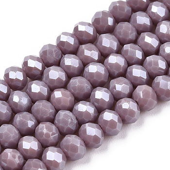 Electroplate Glass Beads Strands, Pearl Luster Plated, Faceted, Rondelle, Rosy Brown, 3.5x3mm, Hole: 0.4mm, about 113~115pcs/strand, 32~33cm