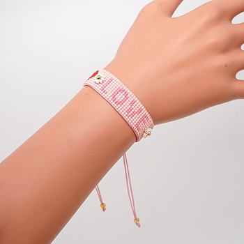 Miyuki Seed Braided Bead Bracelet, Word Love Heart Friendship Bracelet for Women, Pink, 11 inch(28cm)