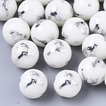 Christmas Opaque Glass Beads, Round with Electroplate Elk Christmas Reindeer/Stag Pattern, Platinum Plated, 10mm, Hole: 1.2mm