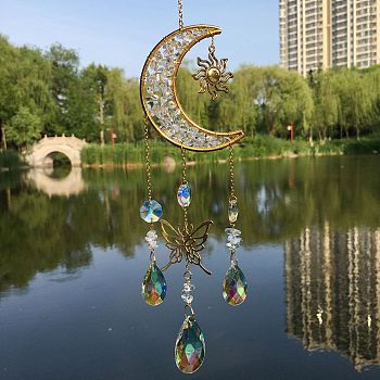 Natural Quartz Crystal Chip & Metal Moon Hanging Suncatchers, with Glass Teardrop/Octagon and Metal Butterfly Link for Home Garden Decoration, 390mm