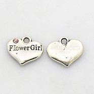Wedding Party Supply Antique Silver Alloy Rhinestone Heart Carved Word Flower Girl Wedding Family Charms, Cadmium Free & Lead Free, Light Rose, 13.5x16x3mm, Hole: 2.5mm(ALRI-N005-28D)