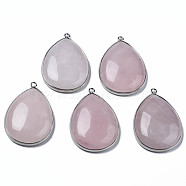 Natural Rose Quartz Pendants, with Platinum Plated Brass Edge and Loop, Teardrop, 45x31x8~9mm, Hole: 2mm(G-Q998-018)