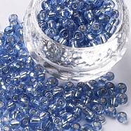 Glass Seed Beads, Silver Lined Round Hole, Round Small Beads, Royal Blue, 6/0, 4mm, Hole: 1.5mm, about 4500 pcs/pound(SEED-US0003-4mm-26)