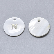 Natural White Shell Mother of Pearl Shell Charms, with Iron Sticker, Flat Round with Letter, Letter.N, 13x2mm, Hole: 1.5mm(SSHEL-N036-053N)
