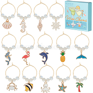 Alloy Enamel Wine Glass Charms, with Brass Hoop Earring Findings and Synthetic Moonstone Bead, Octopus/Starfish/Sea Horse, Mixed Color, 48~60mm, 14 style, 1pc/style, 14pcs/set(AJEW-SC0002-15)